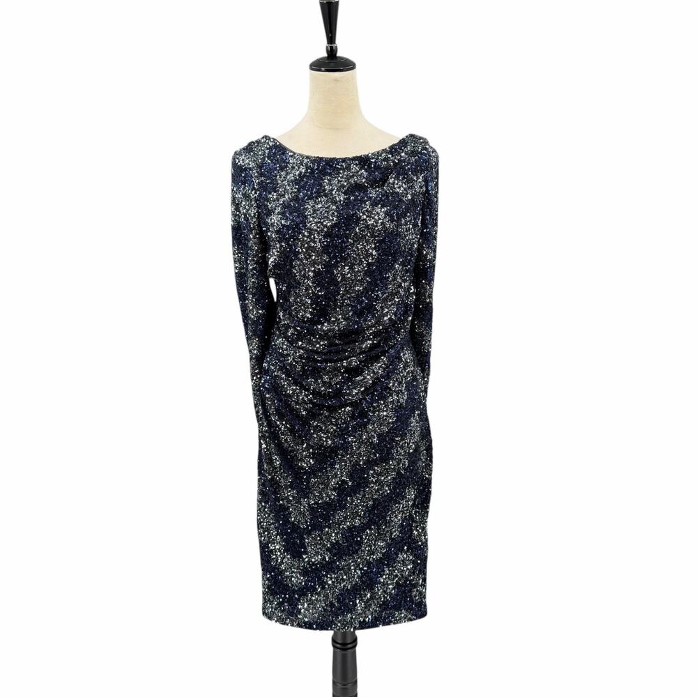 R&M Richards Navy Silver Sequin Drape Back Bodycon Cocktail Party Dress